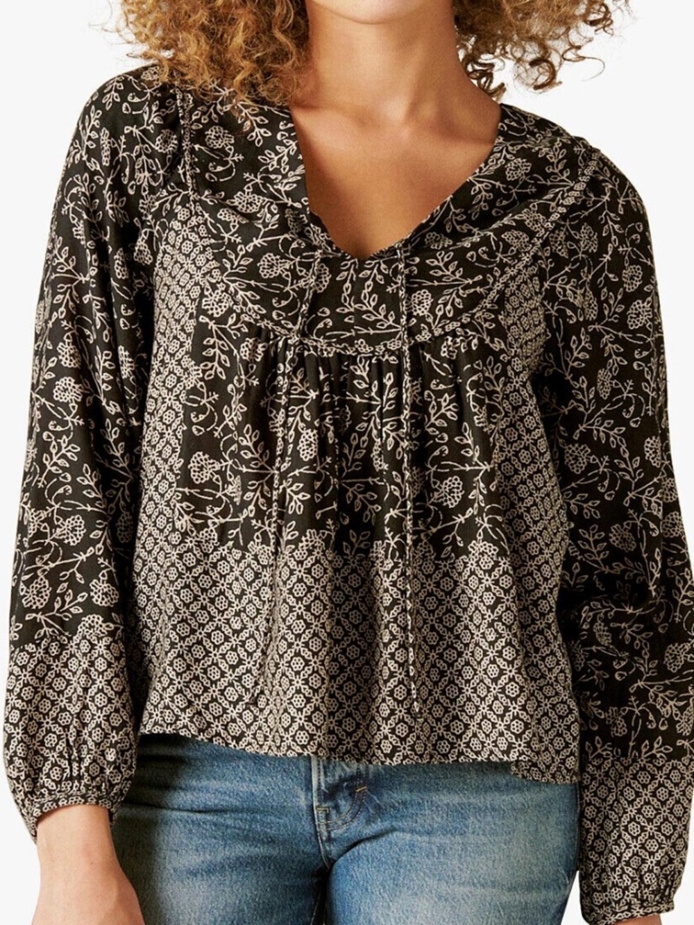 Lucky Brand Long Sleeve Peasant Blouse Size M Black Cream Floral Boho